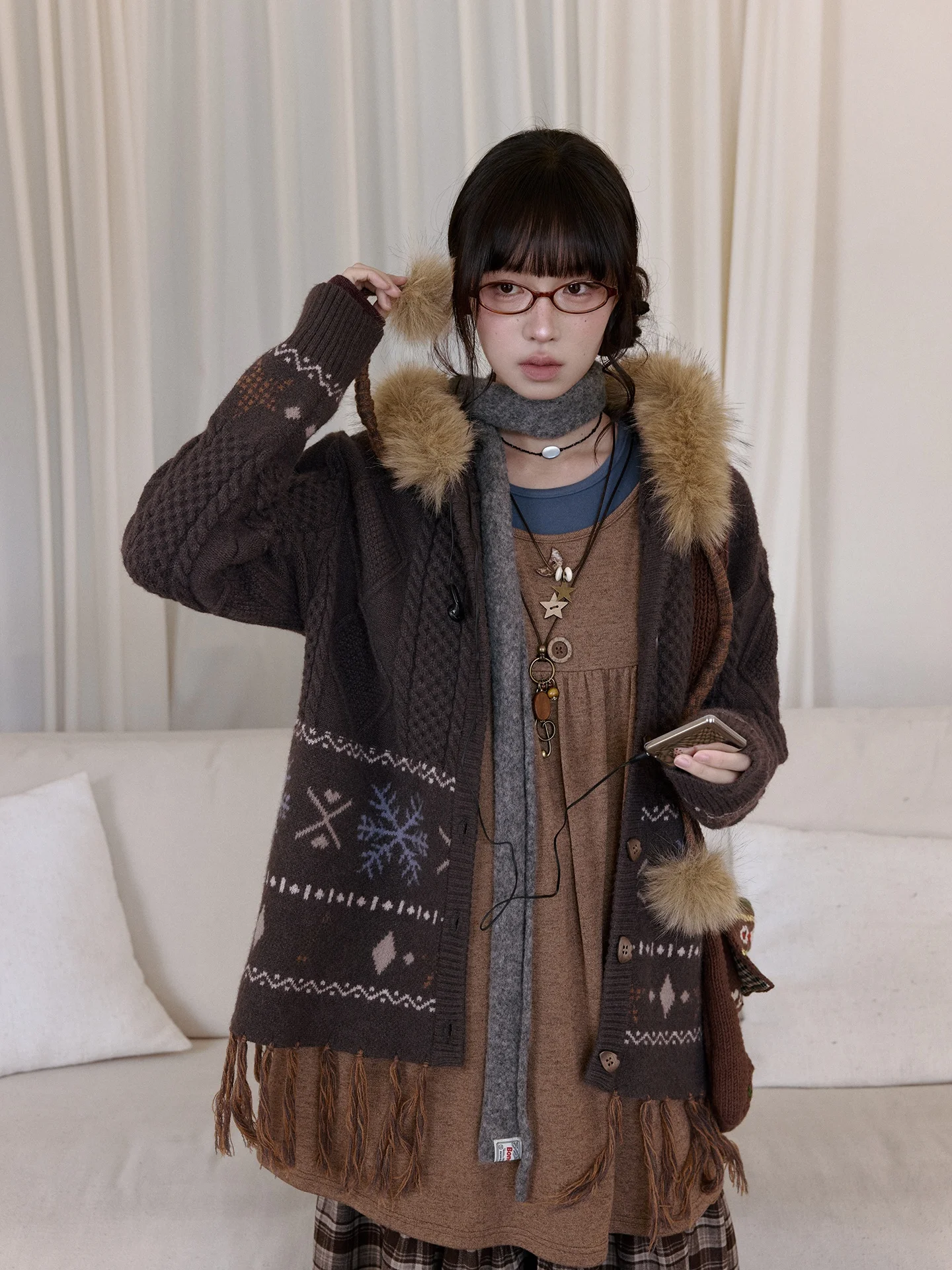 

Kyouko Heavyweight Knit Loose Hem Embroidered Jaet Ins Sle Women's Coat Long Sve Hooded Thiened Winter Outerwear