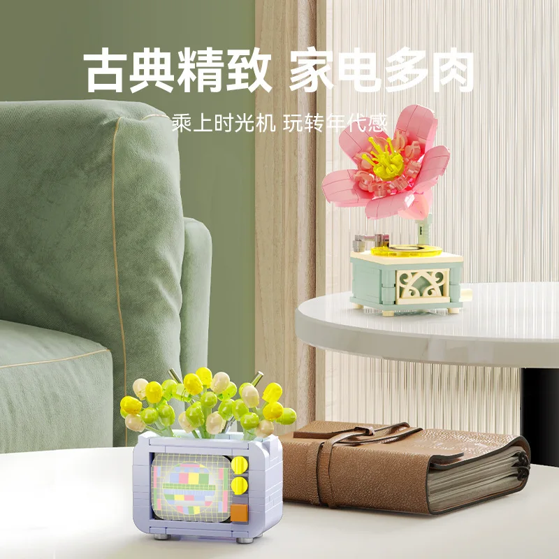 Flower Furniture Succulent Plant Home Office Decoration Building Blocks Appliance Bonsai Bricks Model DIY MOC Toys for Children