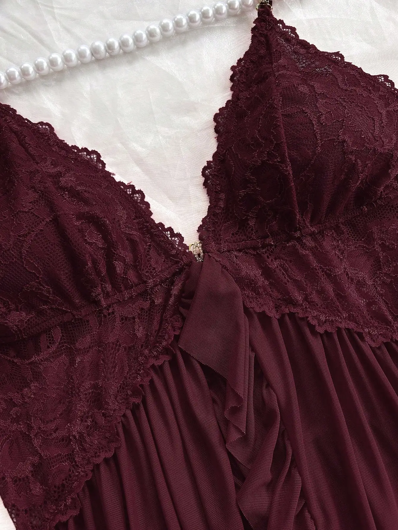 

Burgundy Lace Trim Camisole Nightgown Set with Ruffled Hem & Matching Panties