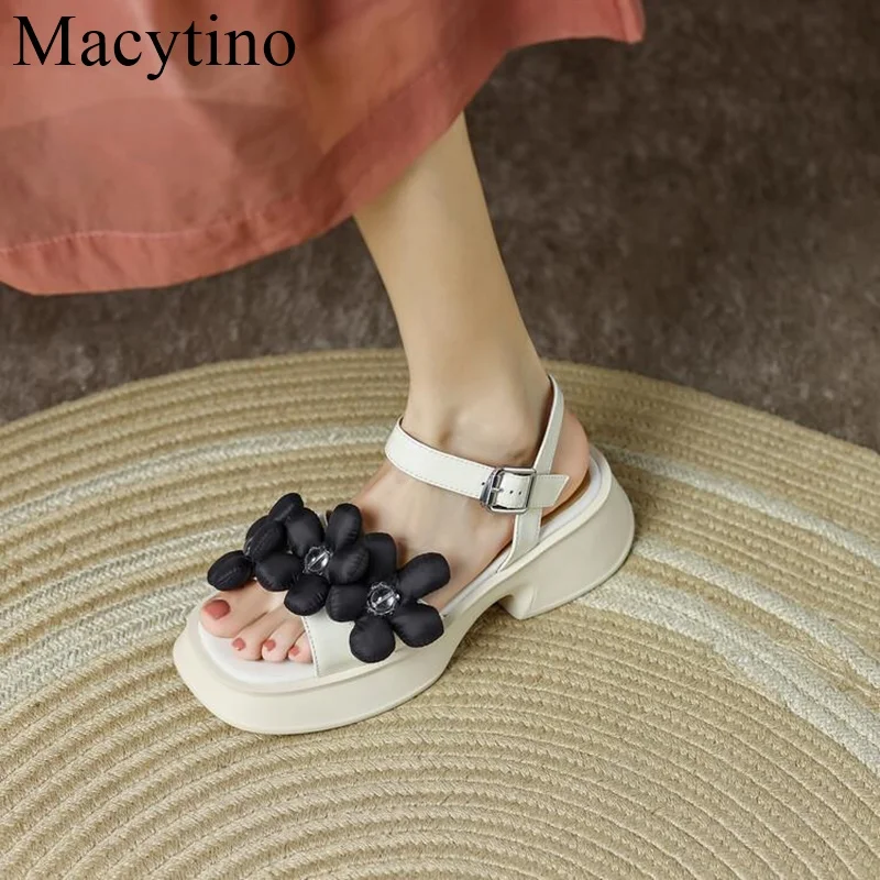 

Open-toe Thick-soled Sandals Women's Leather Platform Roman Shoes Summer New One-word Belt With Skirt Flower Beach Shoes