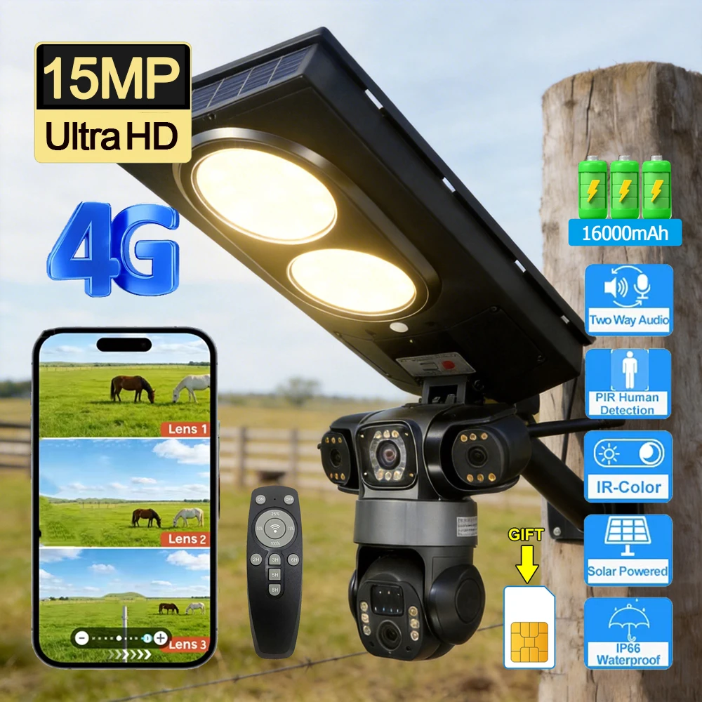 

Солнечная камера-сенсор для уличного освещения, LED, 3 режима освещения, три объектива, 4G, 15 МП, уличные камеры видеонаблюдения, IP66, водонепроницаемые, с дистанционным управлением