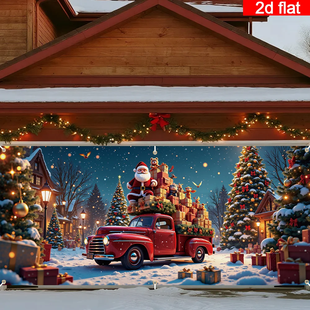 2D flaches 1-teiliges Weihnachts-Garagentor-Banner, roter Retro-LKW und Weihnachtsschlitten – eine verschneite Winterszene, perfekt für Weihnachten