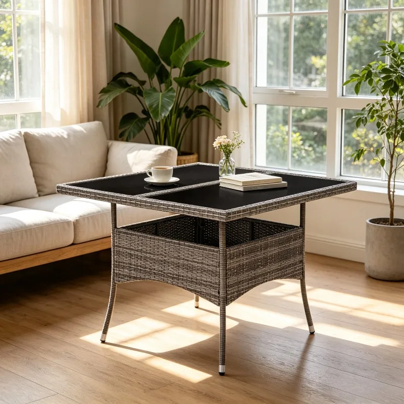Tables à Manger Extérieures en Poly Rattan et Verre Gris pour Patio, Jardin, Bistro, Balcon, Cour Arrière, Porche - Mobilier d'Été