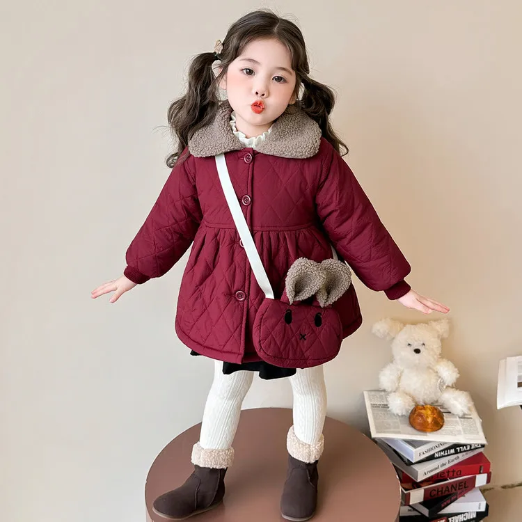 2026 Winter Girls' Warm Quilted Winter Coat , Fleece - Lined for Winter, Stylish & Cozy Kids' Outerwear, Comes with Bunny Bag