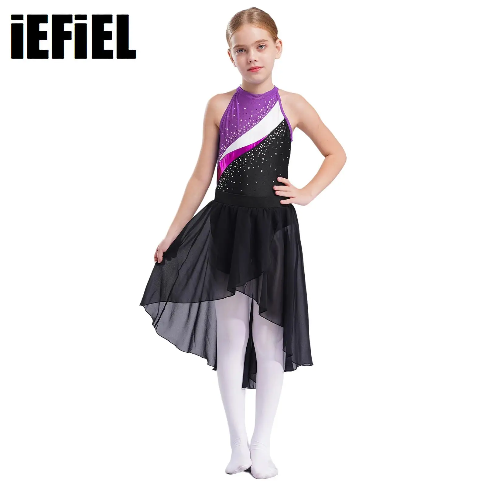 

Kids Girls Dance Outfits Shiny Rhinestones Decorated Leotard with Hair Tie And High-low Skirt for Dance Practice Performance