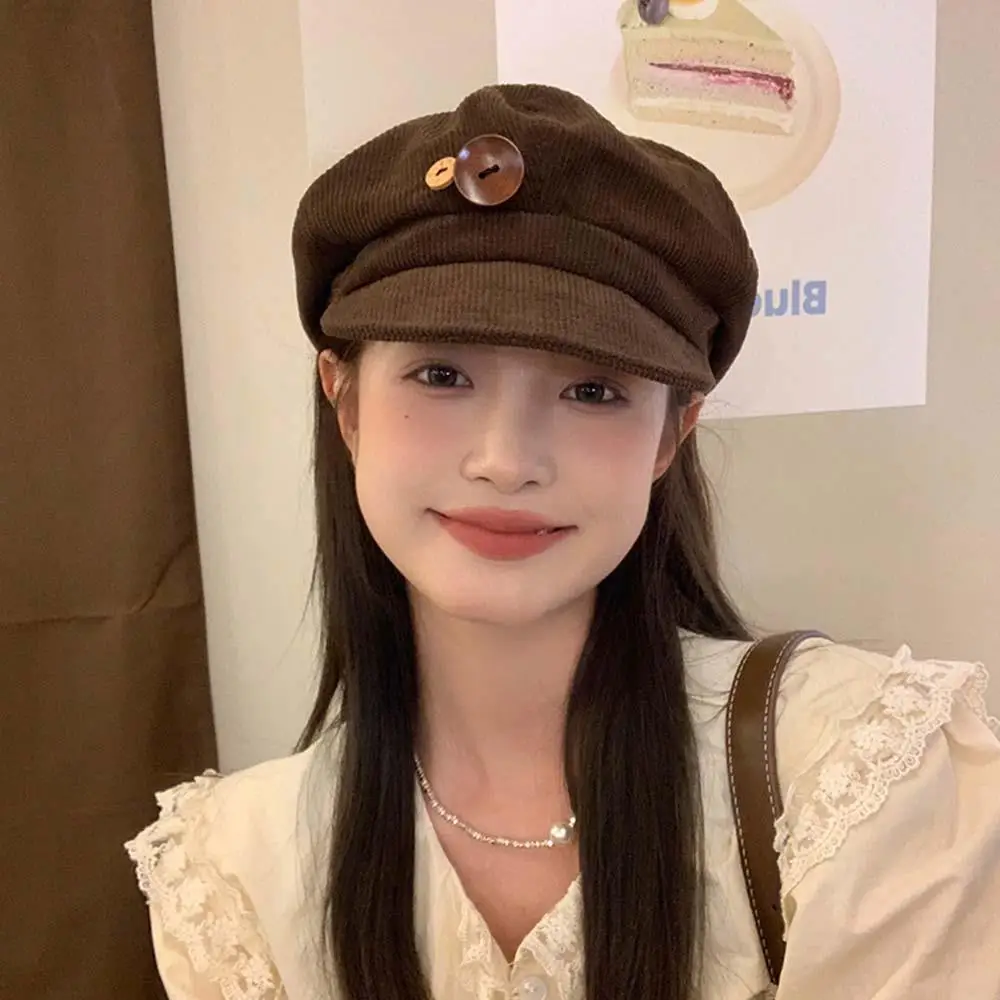 زر سروال قصير قبعة مثمنة براون شريط بلغت ذروتها قبعة يندبروف قابل للتعديل القبعات في الهواء الطلق الرسام الفنان قبعة أنيقة على الموضة بسيطة
