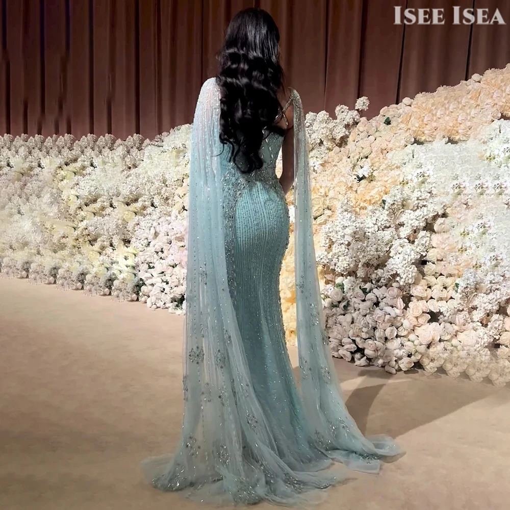Vestido de noche de lujo con mangas tipo capa, vestido de noche de lujo con cuentas, vestido de fiesta de boda de sirena de Dubái, vestidos de fiesta personalizados
