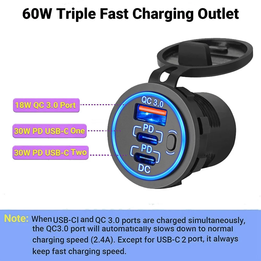 12V USB Car Charger Socket Dual 30W PD USB-C and 18W QC3.0 Port Car Charger Accessories for Car RV Boat Marine Truck Motorcycle