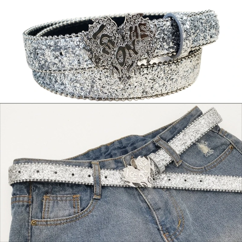 Blingbling Glitter Waist Belt Skinny Heart Buckle 2000s Girl Belt Casual Wear