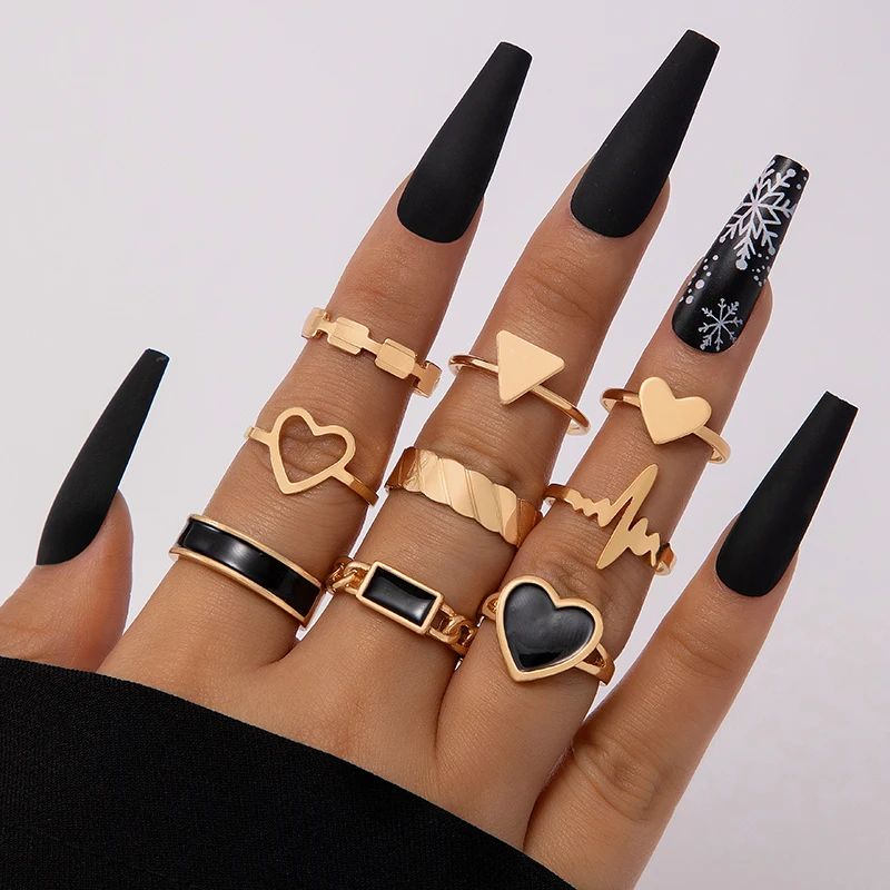 Tocona Luxury Jump Heart Finger Rings for Women Simple Geometry Black Oil Drip Party Alloy Metal Rings Set Anillos 23648