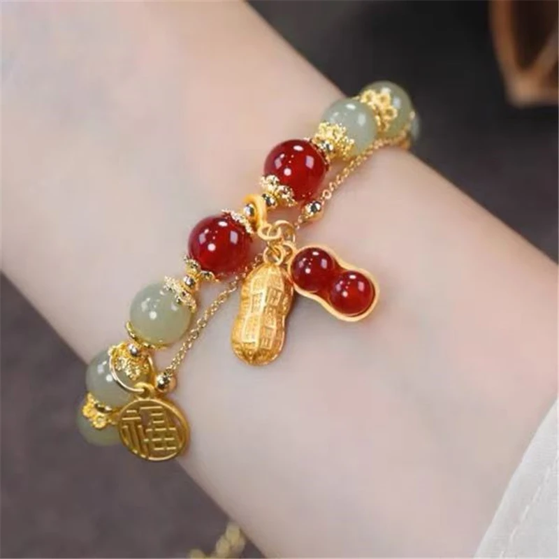 Vintage handicrafts, women's natural Hotan Jade peanut bracelet, exquisite jewelry, auspicious jewelry, gifts and gifts