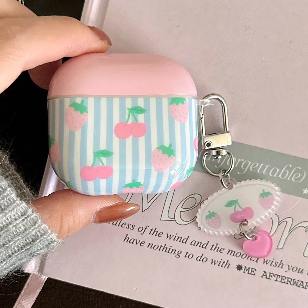 ÉTui Pour éCouteurs à Rayures Cerise Fraise Pour Airpods 1 2 3 4 Pro Airpod Pro2 Pro3 Airpods4, Housse Souple En Tpu Bluetooth Avec Porte-CléS