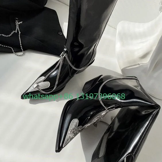 

Lady cowboy style design PU chian boots pointed toe chunky heel metal chian sexy Gothic boots punk new rock boots size 35-40