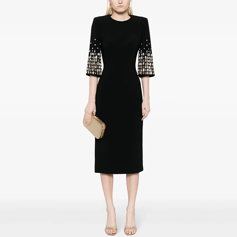 European Style Fine Workmanship Rhinestone Beading Half Sleeve O-neck Women Office Casual Wear Lady Midi Solid Dress