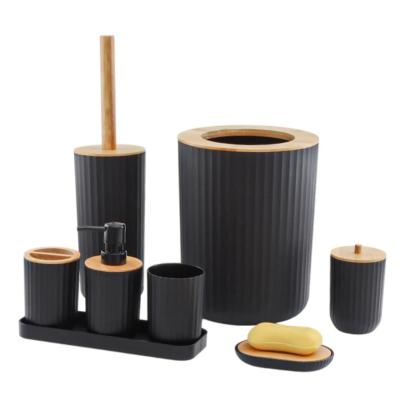 1 set di prodotti in bambù e legno set di lavaggio set di forniture per il bagno set di vassoi in plastica set di otto pezzi colore nero e legno