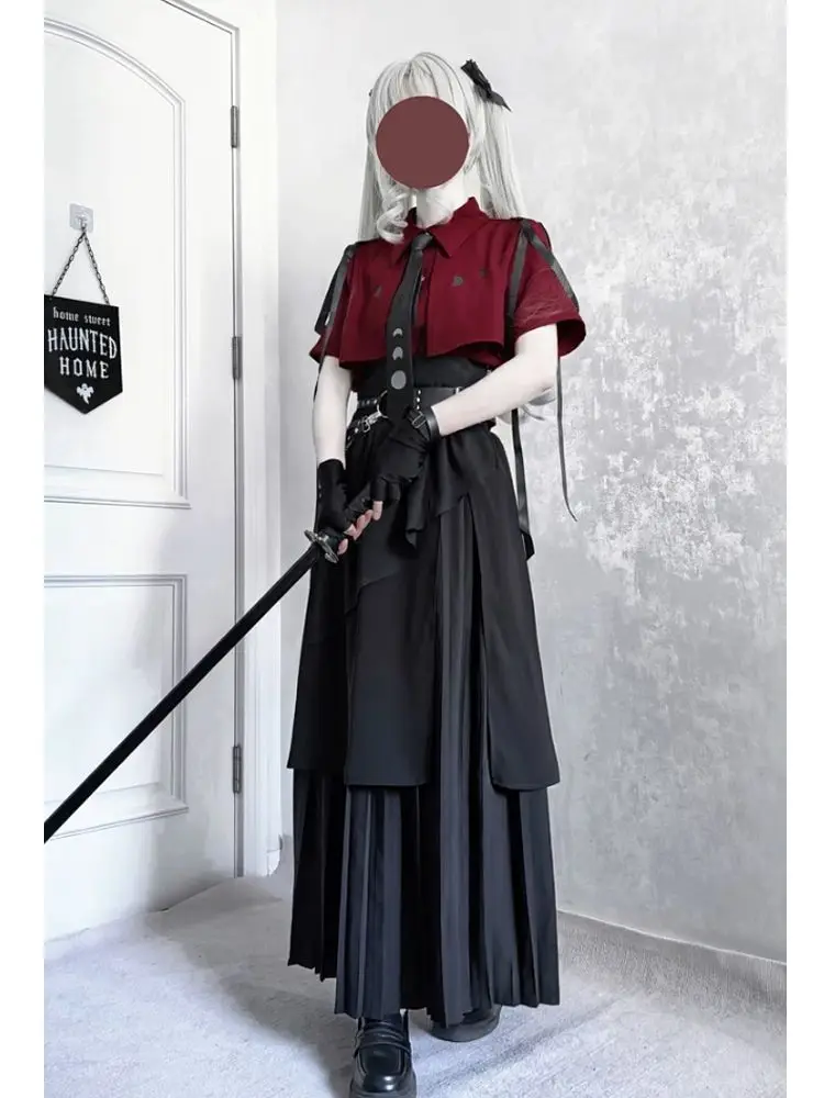 2025 جديد القوطية خمر أنيقة 3 قطعة مجموعات النساء Y2k زر تصميم القمم + أسود عالية الخصر الرجعية تنورة الإناث حزام مجموعات الحفلات