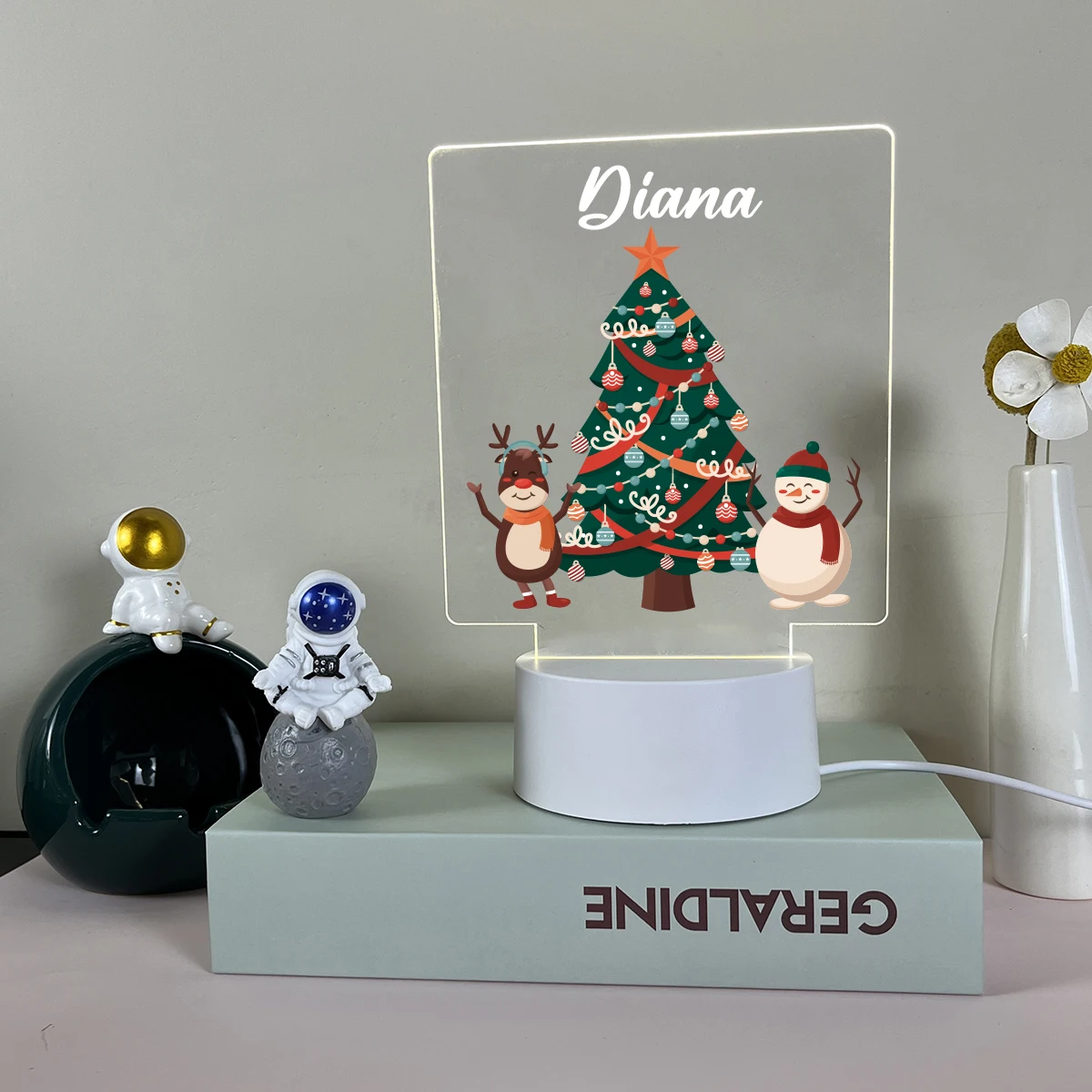 Árvore de Natal LED acrílica com nome, lâmpada personalizada da noite, veados e boneco de neve, presente visual, decoração