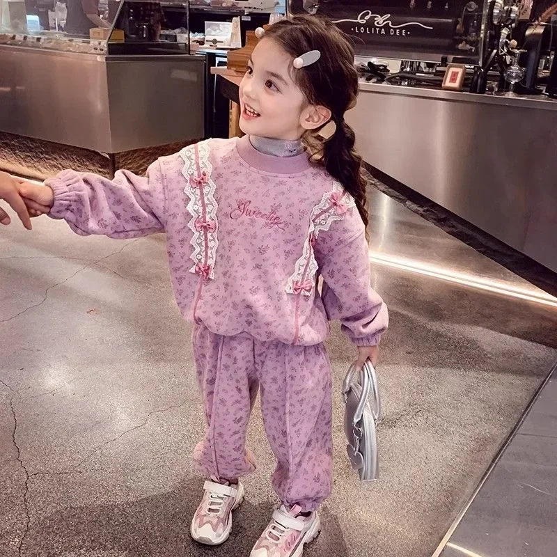 

Комплект из толстовки, топ и брюки, комплект из 2 предметов на флисовой подкладке с цветочным принтом, зимняя одежда для девочек, осенняя одежда для девочек начальной школы, комплекты костюмов