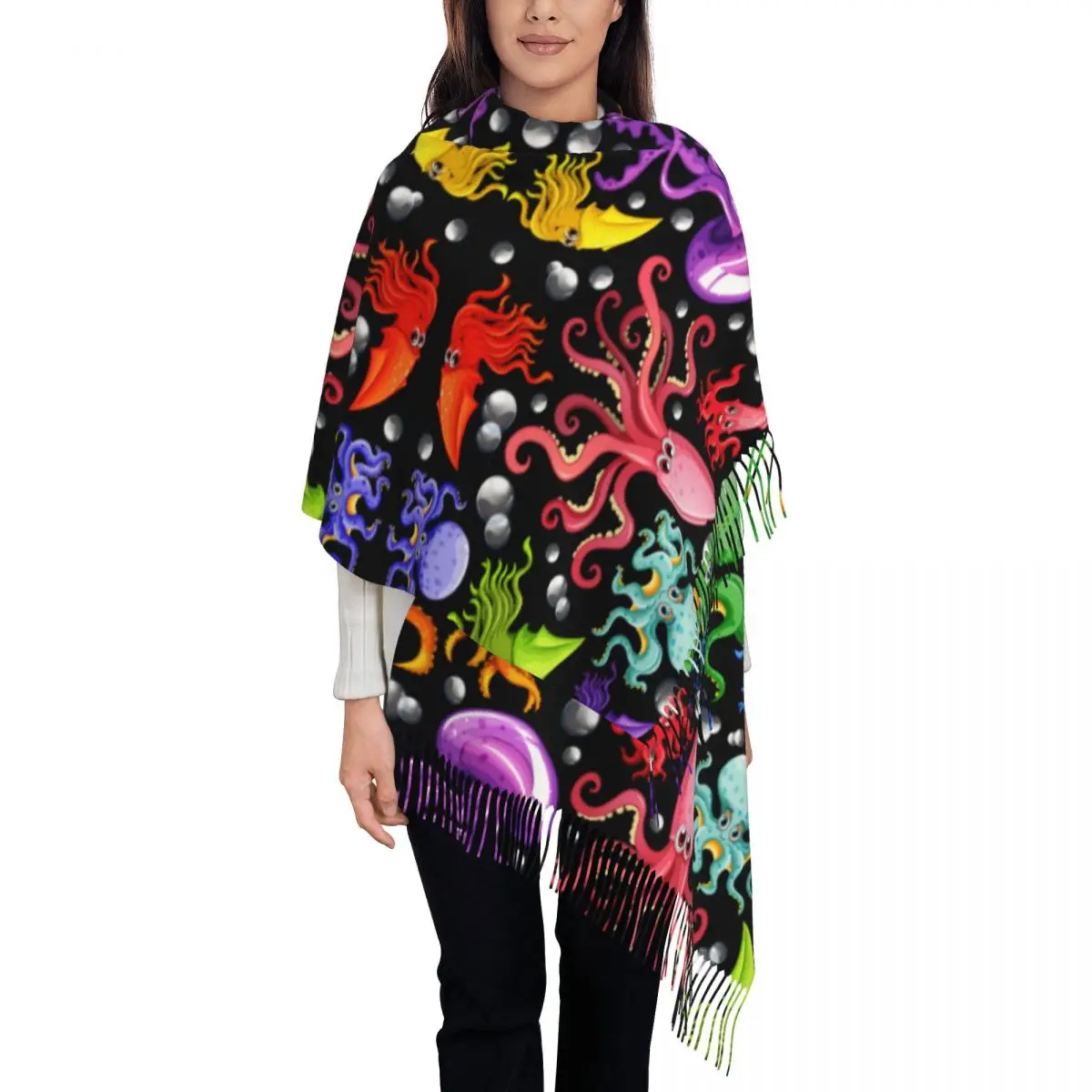 

Colorful Squid Octopus Women's Tassel Shawl Scarf Fashion Scarf