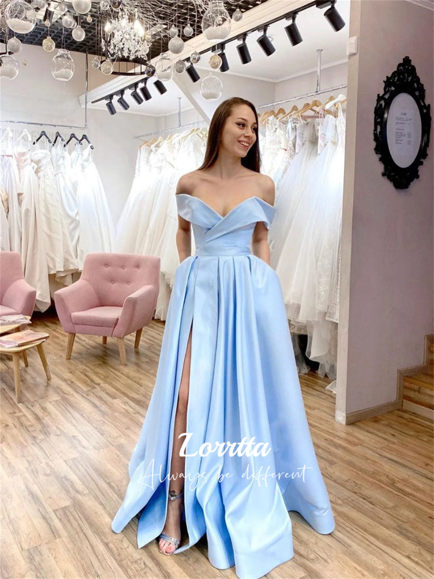 

Lorrtta Blue Sexy Sweetheart Satin Slit A-line Ball Gown Wedding Dress Long Sleeve Dresses for Woman Women's Evening Prom Party