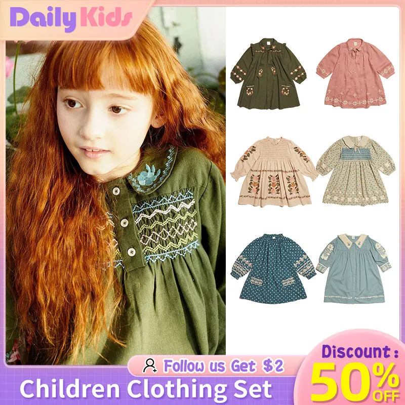 

Korean Kids APO Clothes Girl Dress For 2023 New Autumn APO Embroidery Princess Dress Skirts Children's Christmas Clothings