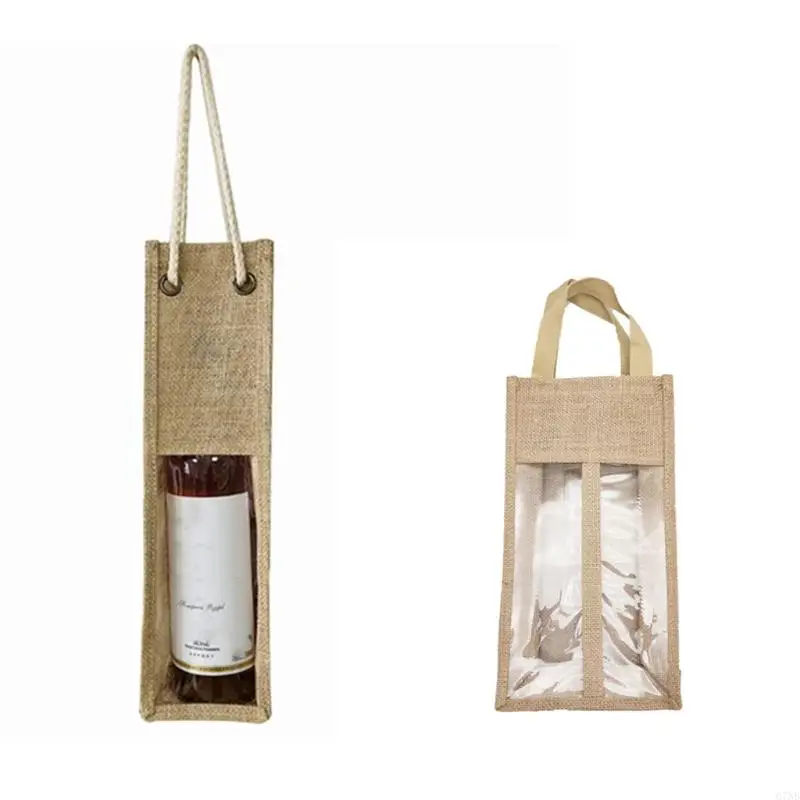 

G7NB Jute Wine for Carrier Reusable Burlap Tote Bags Clear Window with Handles Gift