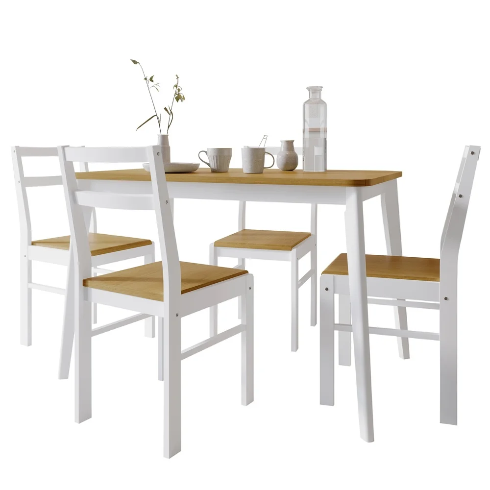 Juego de mesa de comedor minimalista de dos tonos, 5 piezas, muebles de interior de madera maciza, roble claro blanco, construcción robusta, fácil montaje