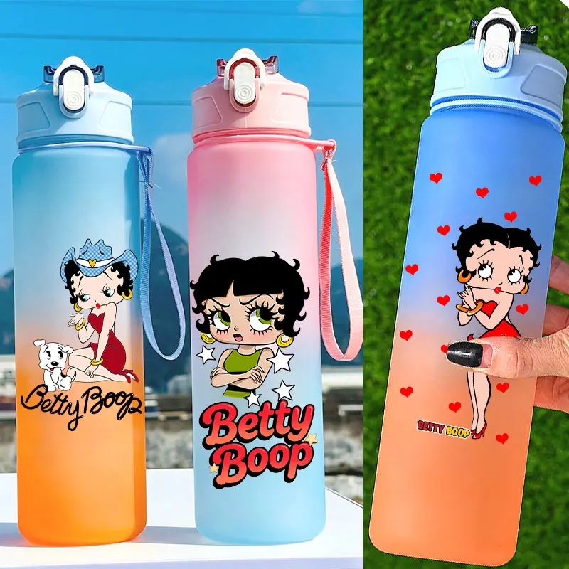 

Бутылка для воды Betty Boop, 750 мл, большая емкость, портативная, пластиковая, с веревкой, для студентов, мультяшная, градиентная, хит продаж, подарок