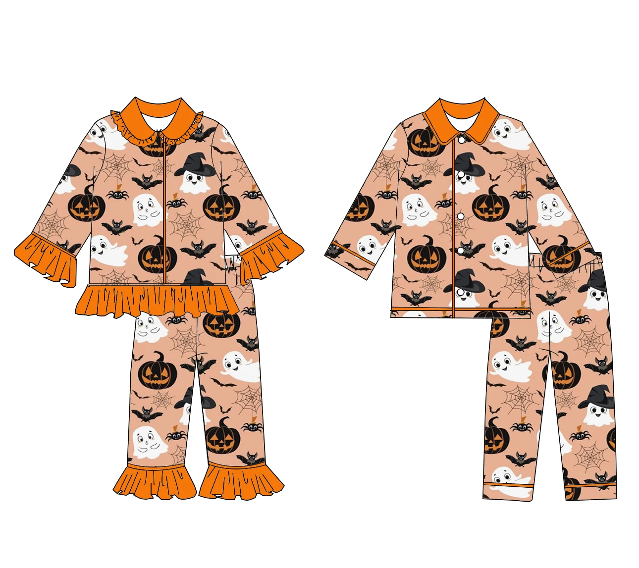 Halloween Pajama Set Girls And Boys Spooky Pumpkin Print And Lace Long Sleeve Lapel Nightgown Children's Boutique Set