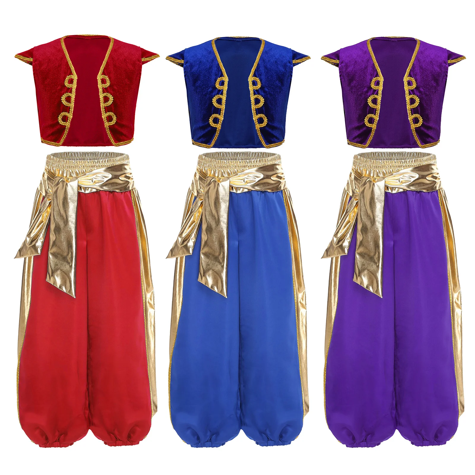 

Boys Arabian Prince Costume Halloween Fancy Dress Up Party Cosplay Genies Outfit Costume Open Golden Genies Waistcoat with Pant