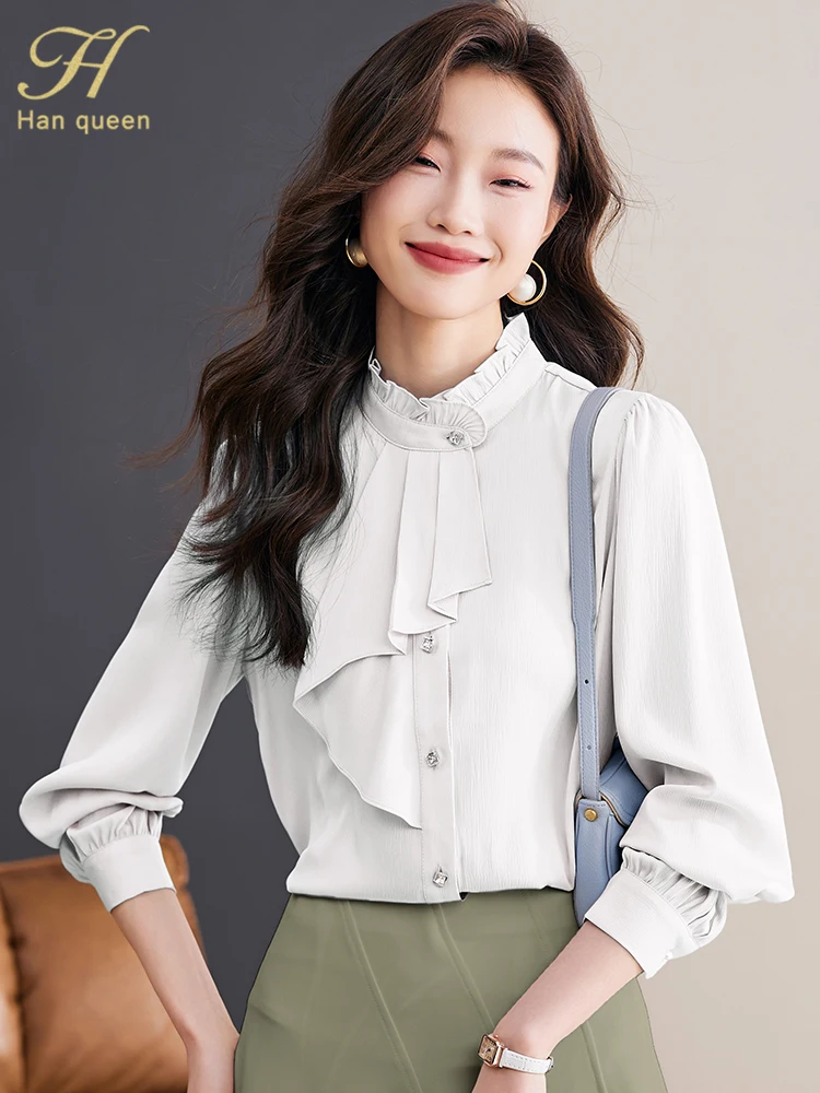 H Han Queen New 2024 Autumn Womans Clothing Loose Long Sleeve Chiffon Shirts & Blouses Ruffles Formal Casual Tops Vintage Shirt