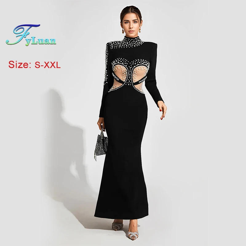 Robe longue à paillettes pour femmes, taille découpée, col rond, décor de strass, Slim, queue de poisson, vêtements de soirée, de bal, nouvelle collection