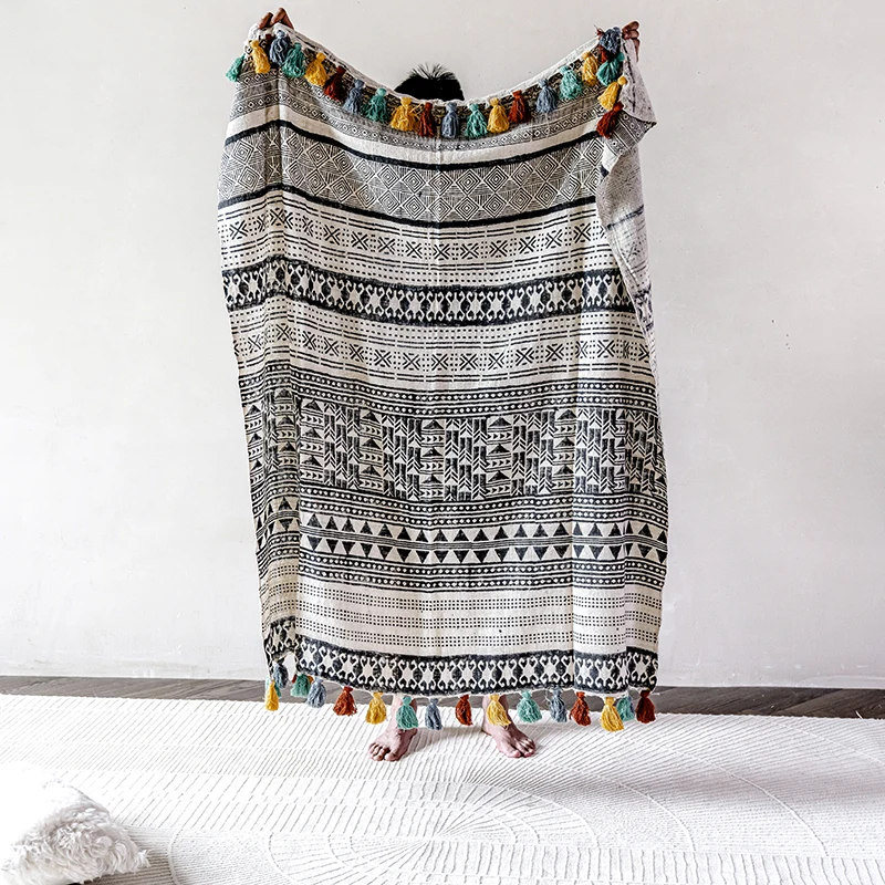 

Imported Moroccan style cotton blanket sofa blanket Hand-printed and dyed blanket bed cover shawl sofa towel