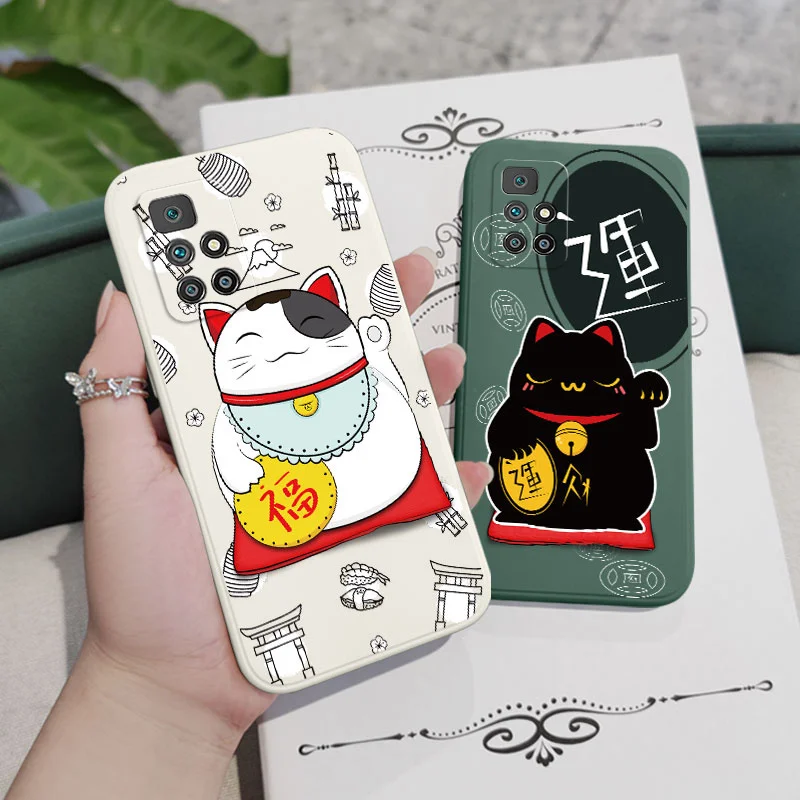 Funda de teléfono de gato de la buena suerte, cubierta de silicona líquida para Xiaomi Redmi 13C, 12, 12C, 10, 10C, 10A, 9, 9T, 9A, 4G, 5G