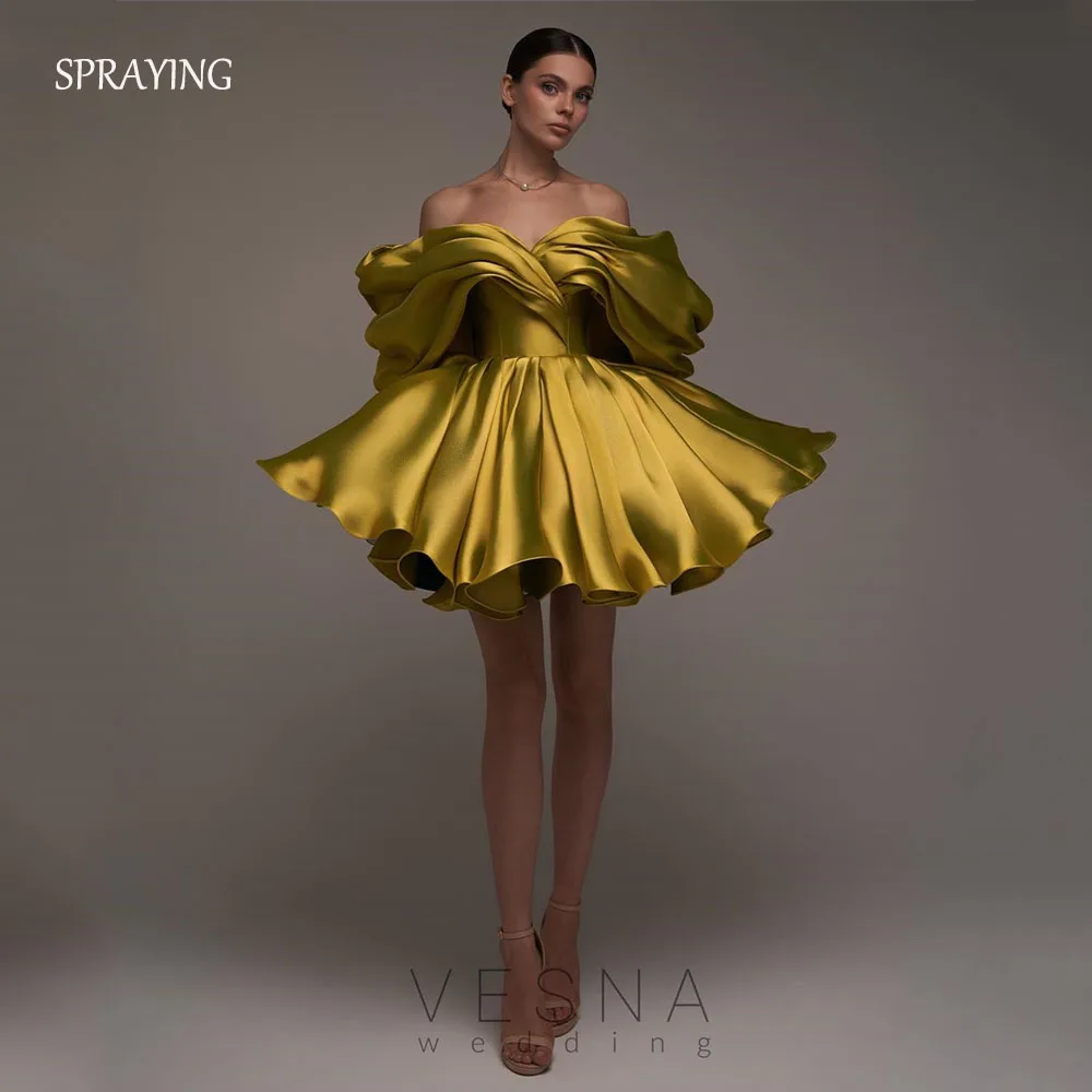 

SPRAYING Luxury Satin Prom Gown V Neck Off Shoulder Mini A Line Cocktail Dress Charming Lace Up Evening Party Dress Customized