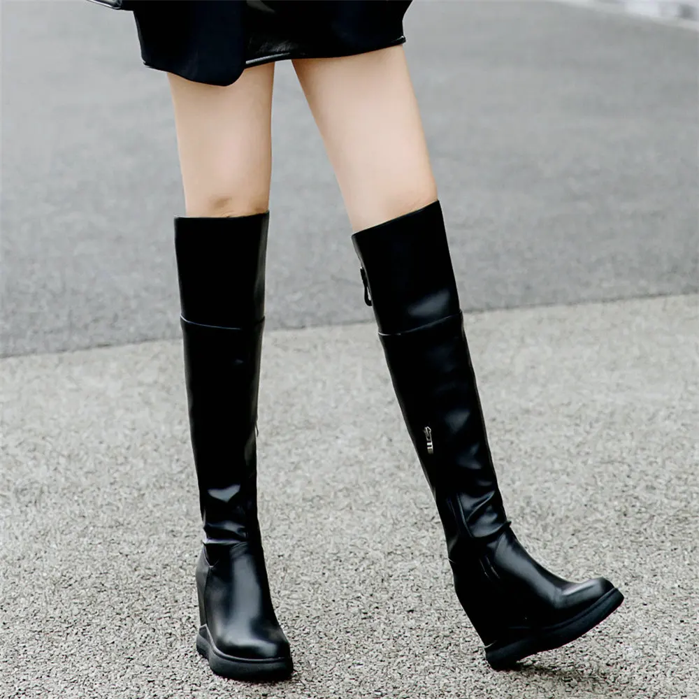 Winter Platform Pumps Shoes Women Genuine Leather Wedges High Heel Motorcycle Boots Female Round Toe Thigh High Fashion Sneakers