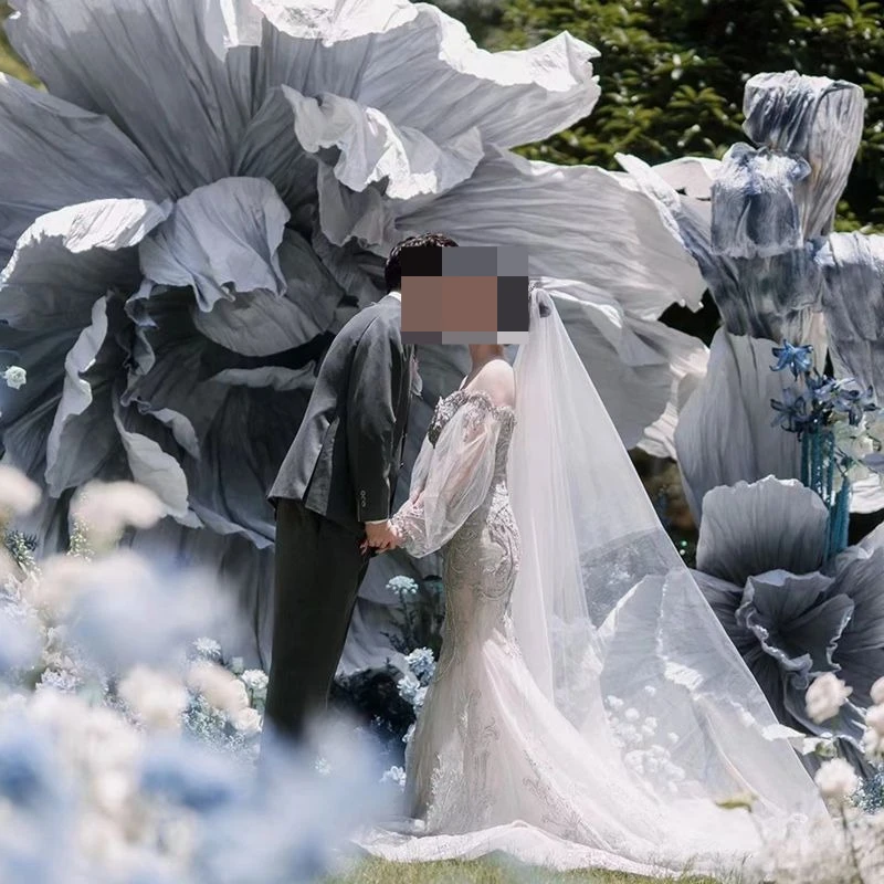 New high-end wedding blue custom props stage background giant art flower decoration  silk
