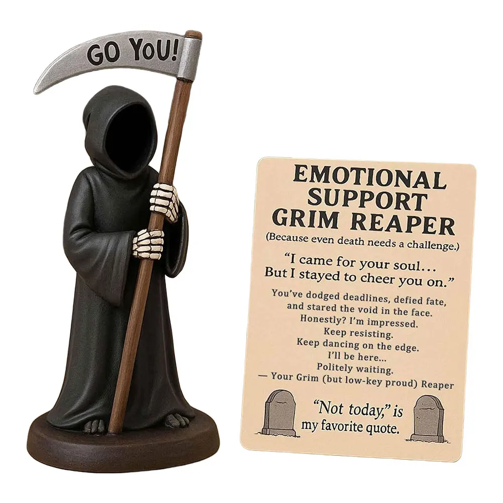 Emotional Support Grim Reaper Figurine, Hand-Painted Resin Grim Reaper Statue Holding Coffee & Cat with Emotional Support Card