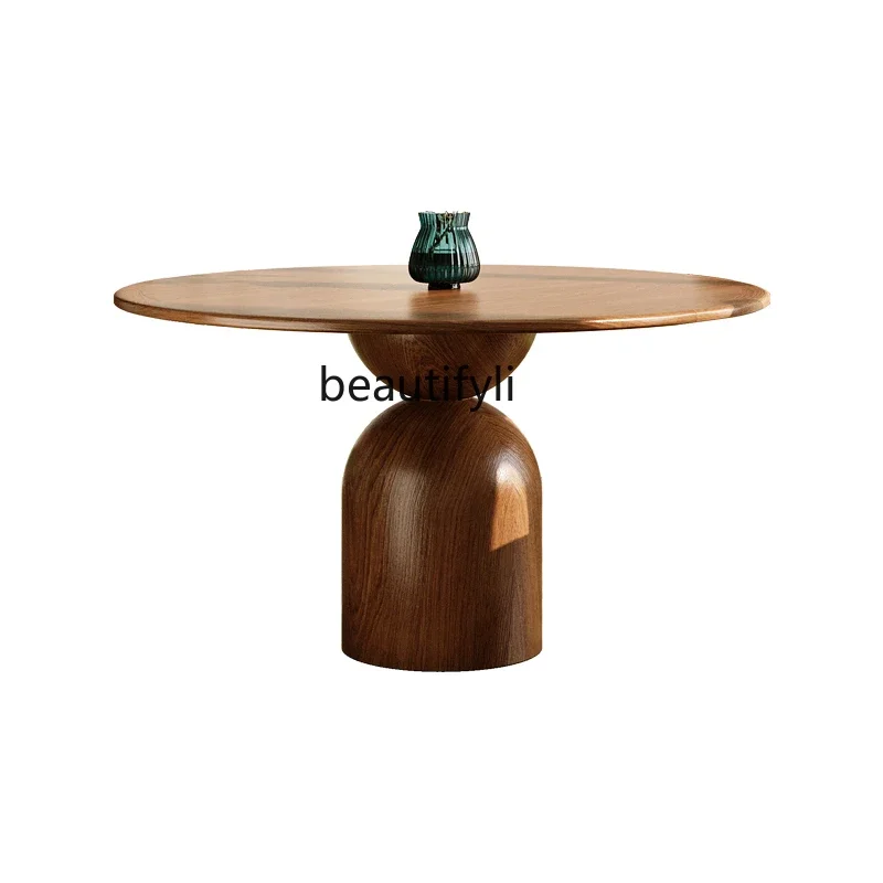 

Medieval walnut round table household round dining table retro round dining table and chair combination
