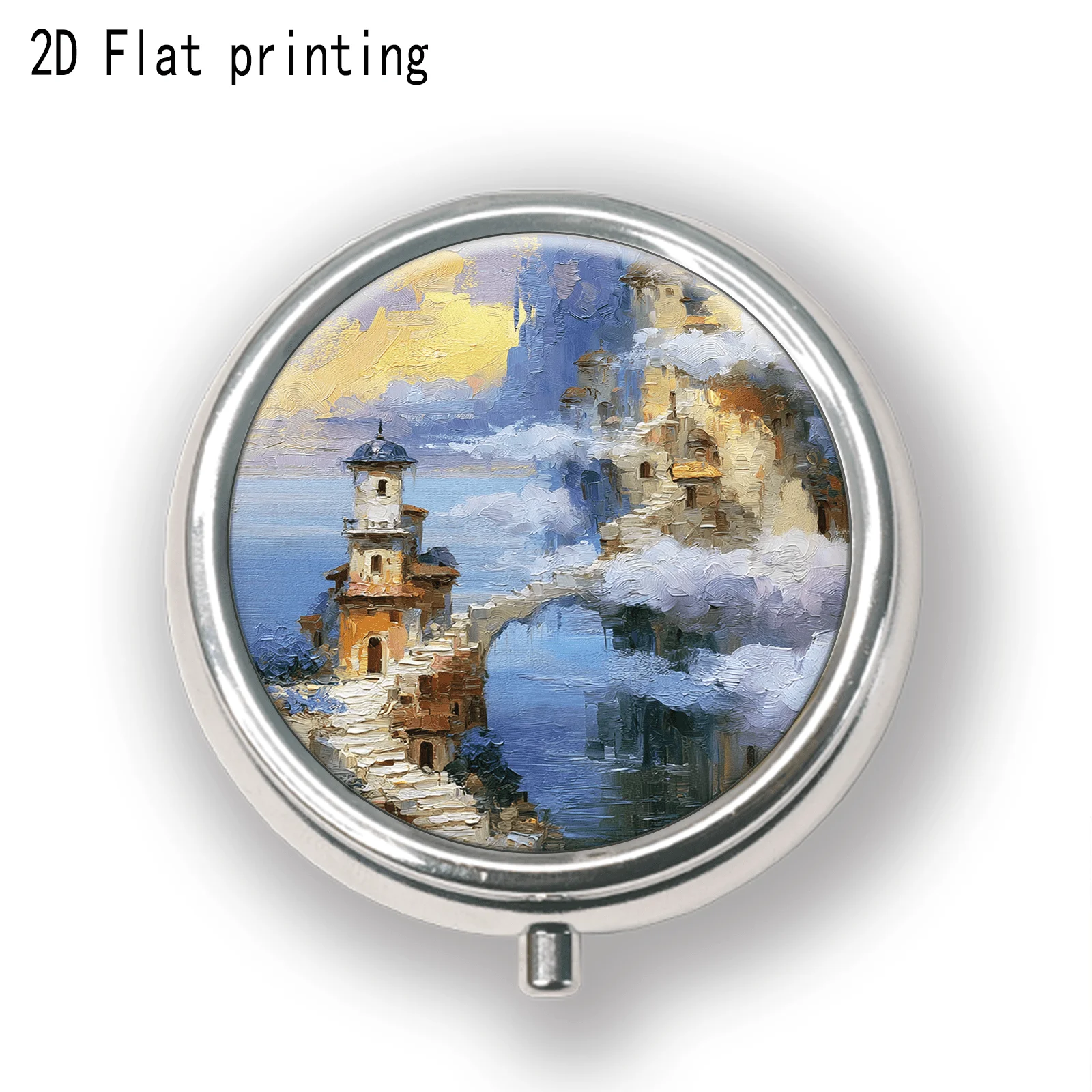 Single-piece, flat, round, three-compartment pill box, designed with castle towers and cloud patterns, used for storing capsules, brightly colored, suitable for outdoor travel and office medication reminders