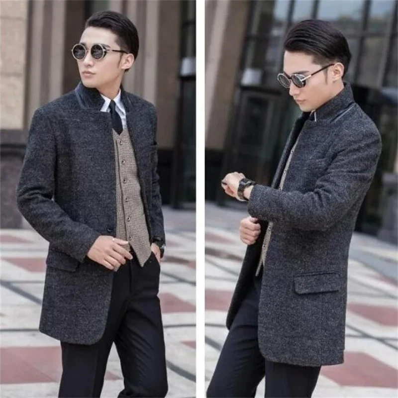 Korean Woolen Coat Men Winter Stand Collar Business Casual Slim Dark Gray Single Breasted Suit Jaqueta Masculinas Black Grey