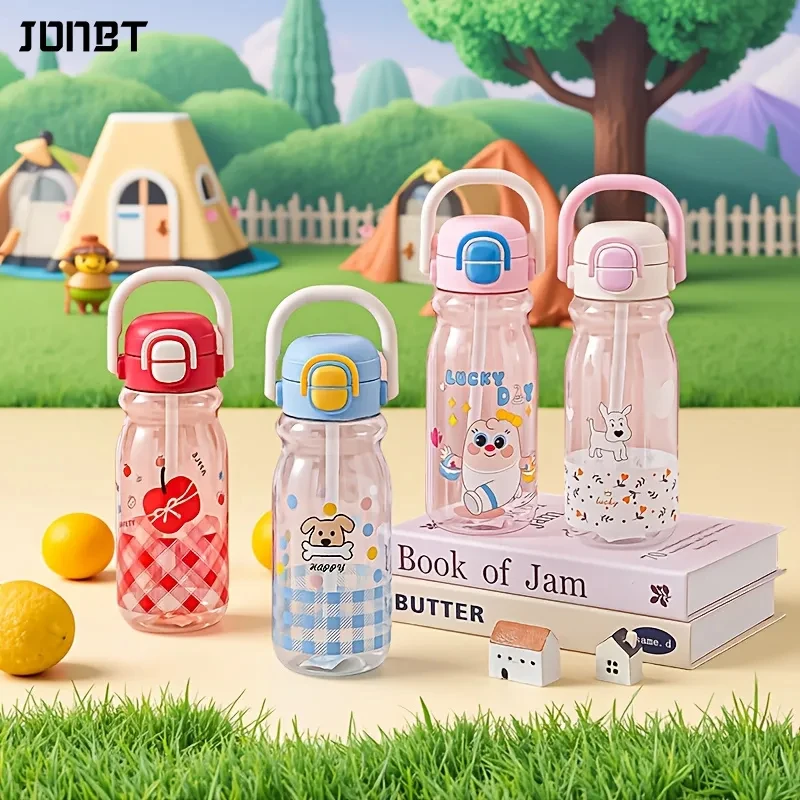 

750ML Kids Cartoon Straw Plastic Cup Portable Handle Safety Lock Outdoor Sports Double Drink Transparent Water Bottles For Girls