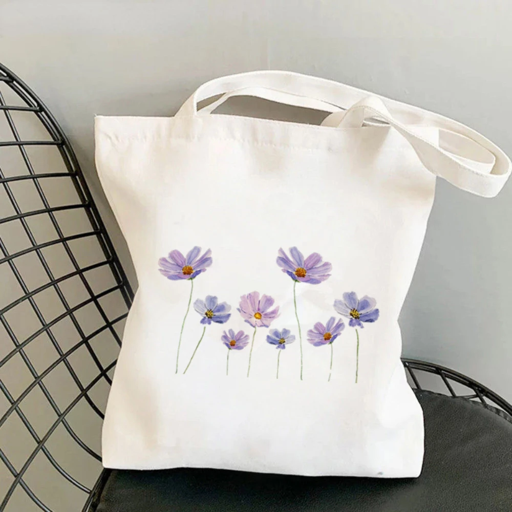 Minimal Watercolor Purple Cosmos Floral Canvas Tote Bag Handbag For Daily Commute Shopping And Short Travel Use