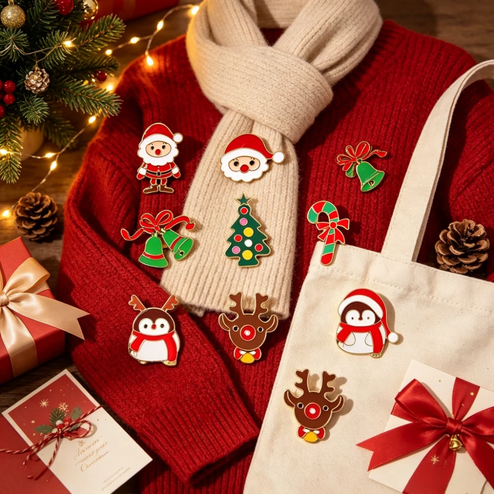 9Pcs Christmas Enamel Lapel Pins Set, Cute Santa Snowman Penguin Reindeer Bell Xmas Brooches for Clothing Backpack Holiday Gift