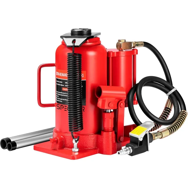 Pneumatic Air Hydraulic Bottle Jack with Manual Hand Pump 20 Ton Heavy Duty Auto Truck Travel Trailer Repair Lift Red