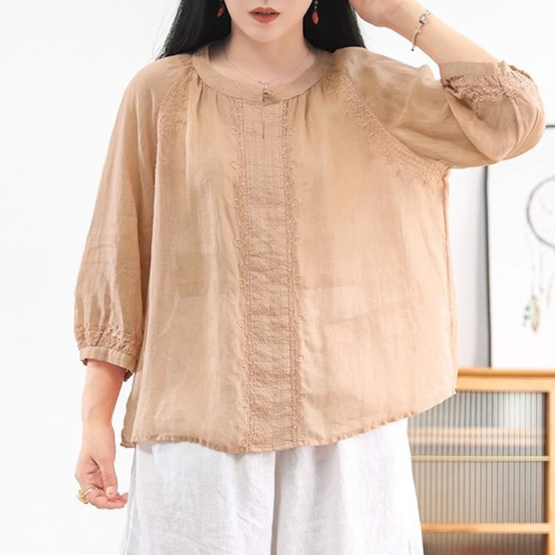 100% 린넨 여성 캐주얼 블라우스 셔츠 신상 2025 여름 빈티지 스타일 플로럴 자수 루즈핏 여성 탑 셔츠 T700