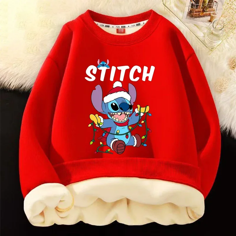 STITCH Toddler Christmas Sweatshirts Cartoon Print Crewneck Pullover Thickening Tshirt Kid Winter Long Sleeve Top Cute Clothes