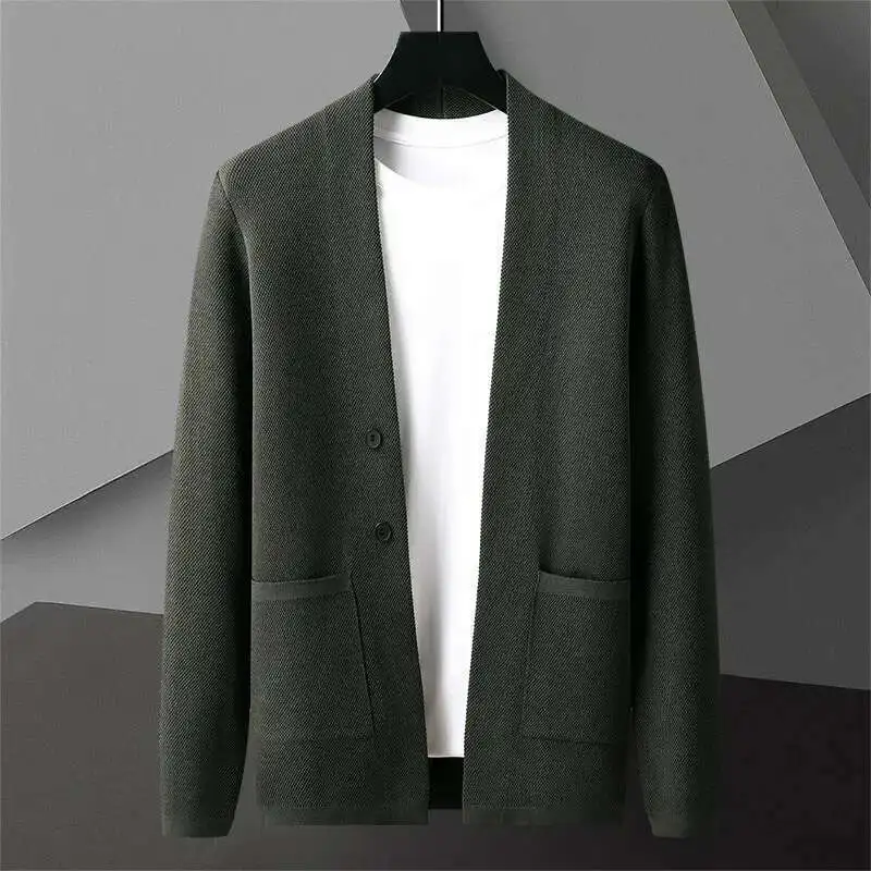 Casual Stand Collar Cardigan Coat Men Korean Khaki Black Green Cardigan Jacket Men Clothing Solid Color Cardigan Jacket Men Knit