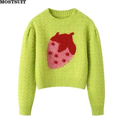 Strawberry Jacquard Knit Sweater Women Knitwear Tops Long Sleeve O-neck Pullover 2023 Winter Stylish Fashion Chic Ladies Jumpers