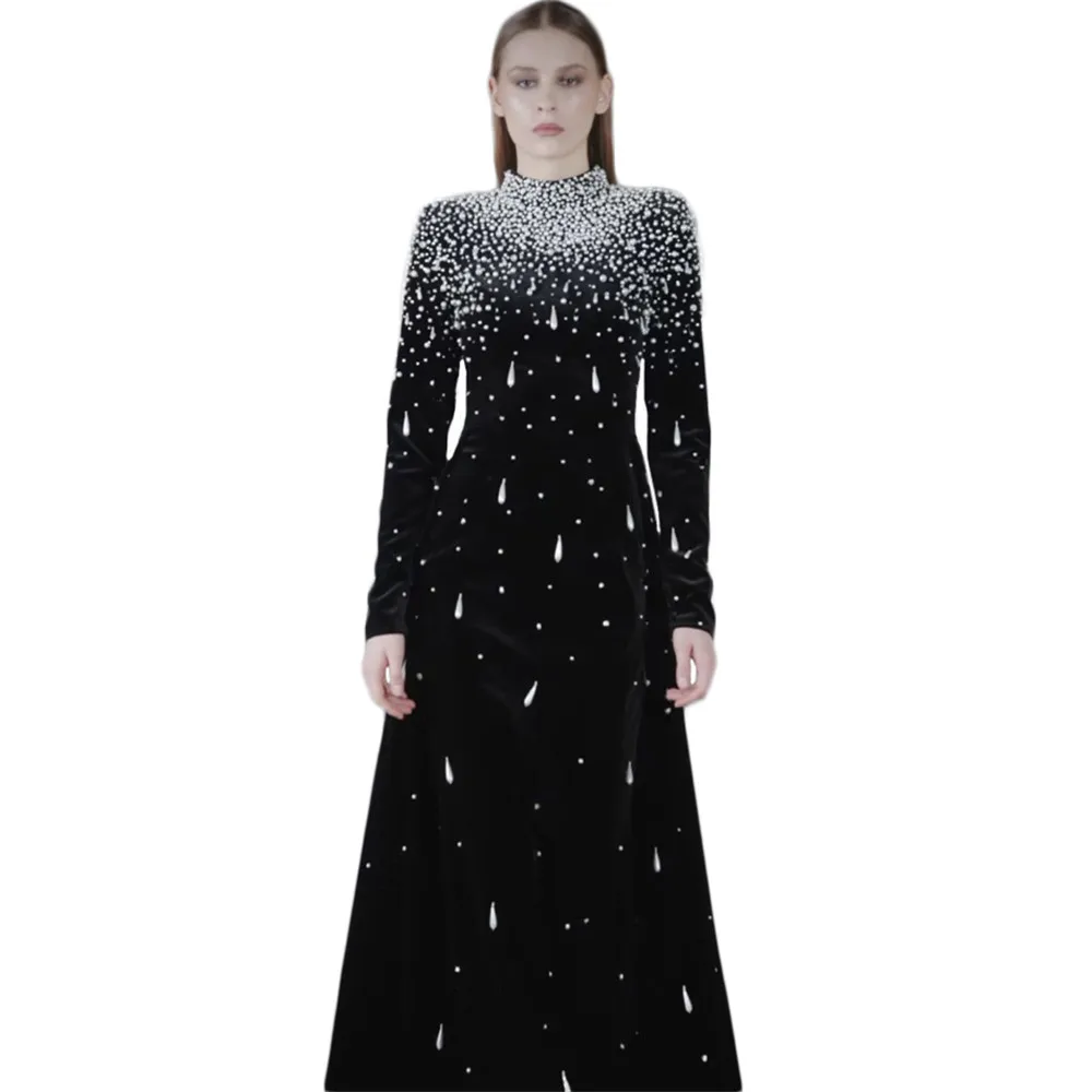 

Женское роскошное платье с жемчужной вышивкой и стразами, длинный рукав, вечернее платье для вечеринок